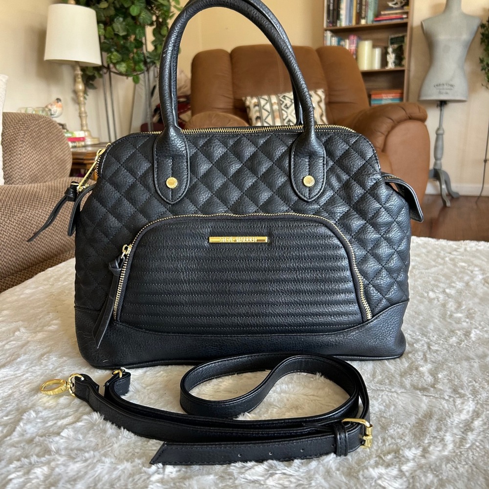 Steve Madden Satchel Bag Black Quilted Faux Leather Crossbody Strap Handbag